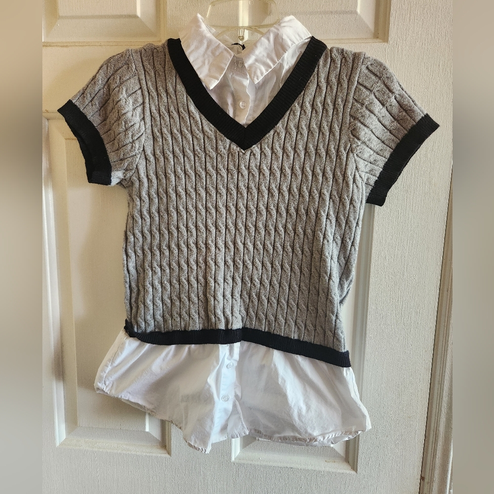 Gray and Black Cable Knit Sweater with White Shirt